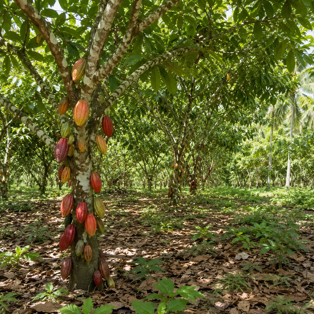Cocoa trees with ripe pods in Indonesia