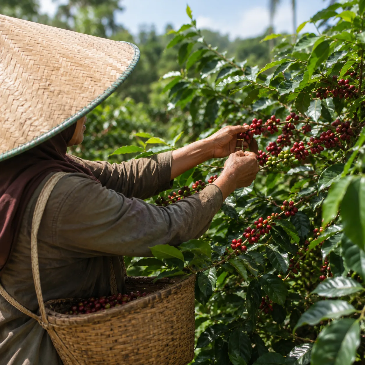 Farmer harvesting coffee cherries in Indonesia