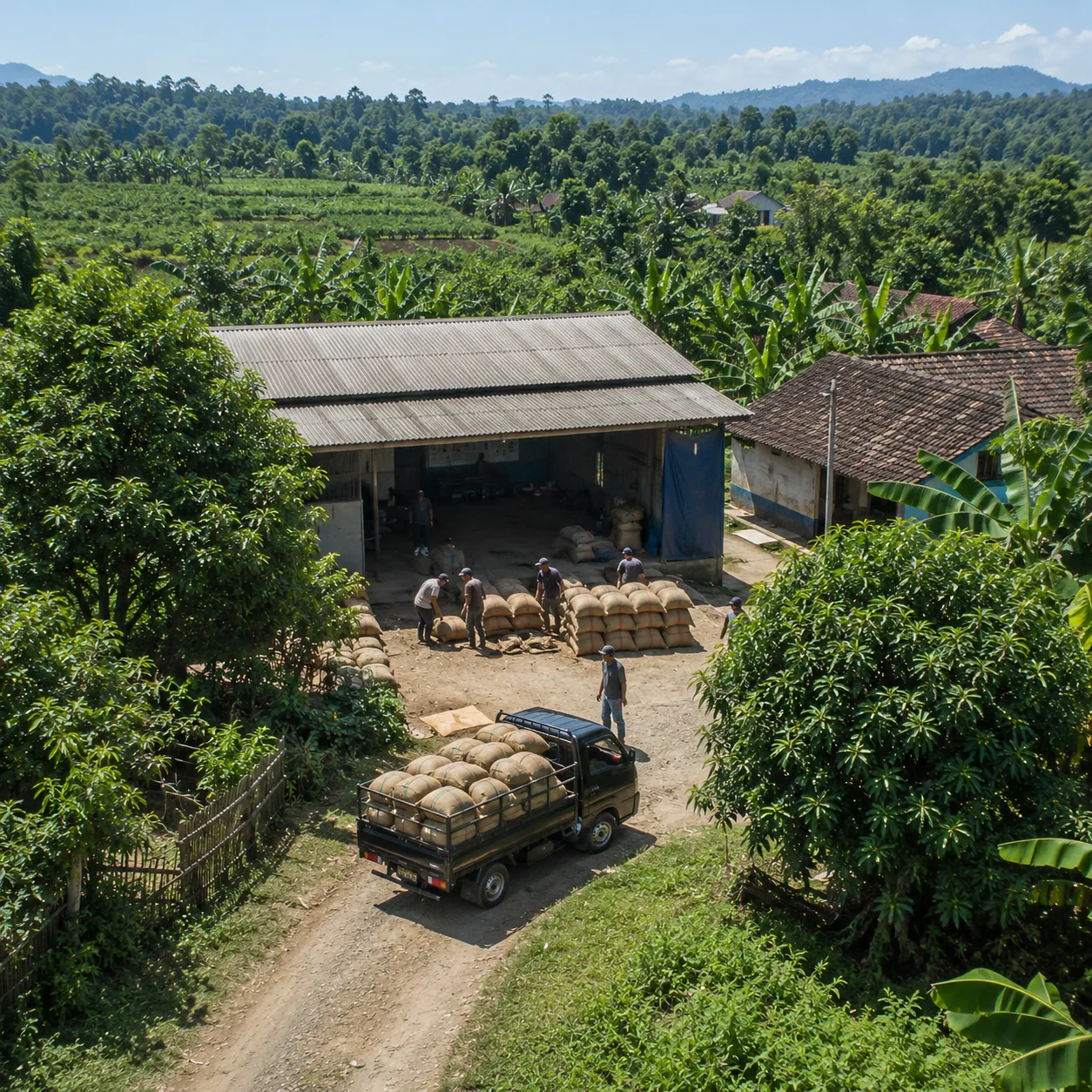 Commodity collection depot with jute sacks in Indonesia