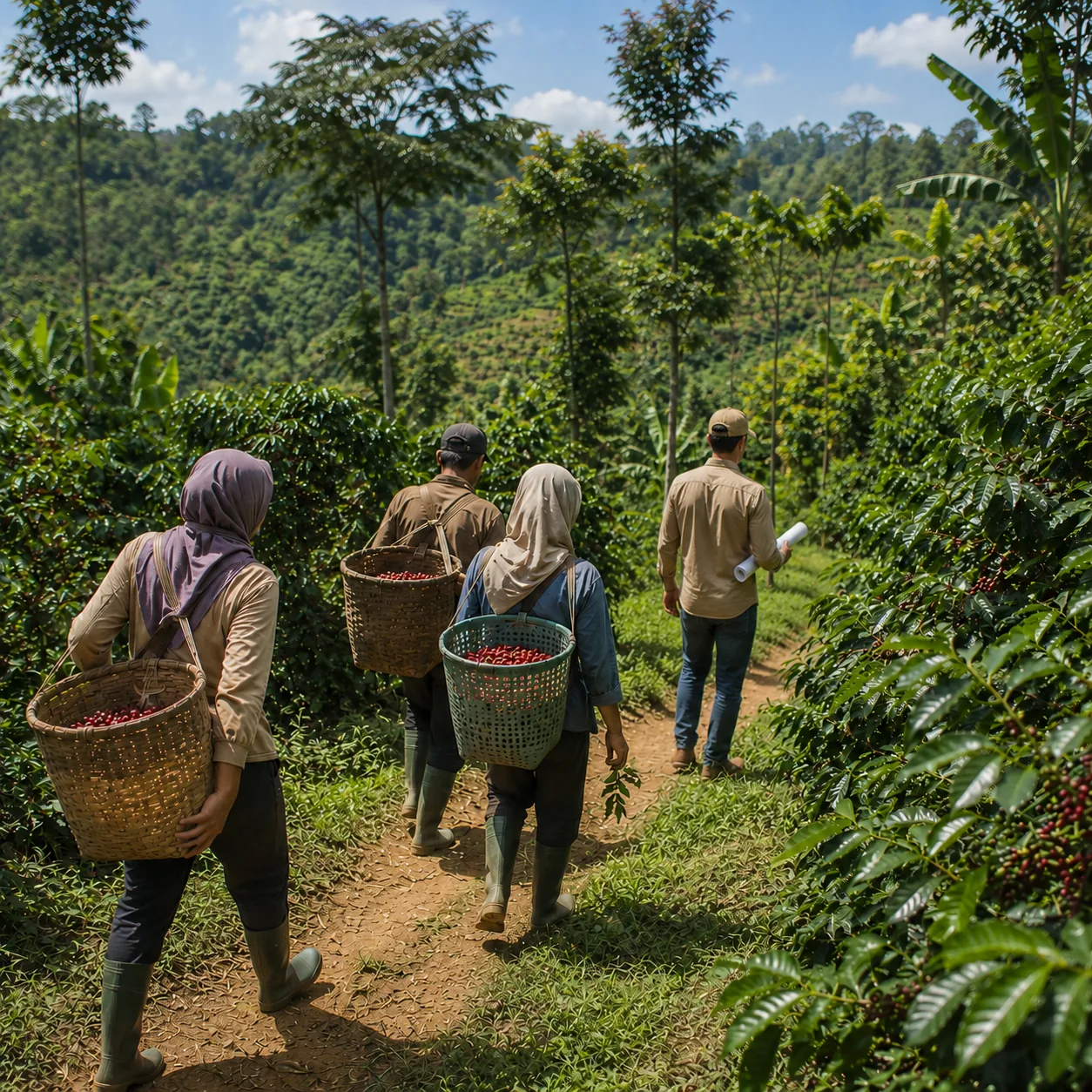 Farmers walking through coffee plantation with harvest baskets